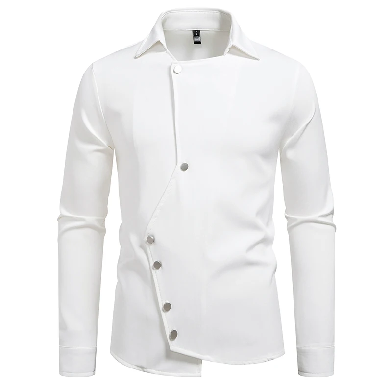 2026 Spring Autumn Men's Irregular Shirts Fashion Button Turn Down Collar Long Sleeve Casual Shirt Male Solid Chic Casual Blouse