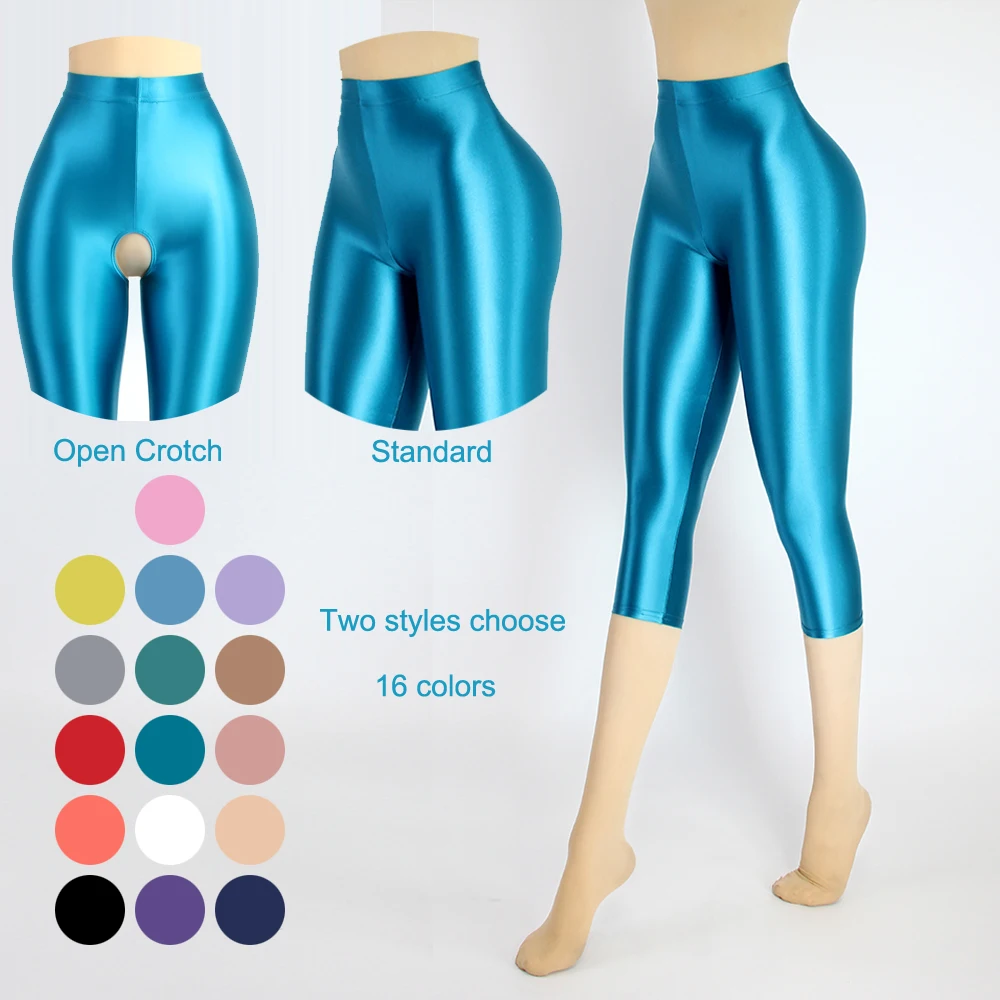 Women's Silky Oily Shiny Glossy Yoga Sports Leggings, Open Crotch Underwear, Bodybuilding Thin Tight Jeggings Pants