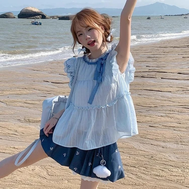 Y2k Harajuku Vintage Sweet Slim 2 Piece Skirt Sets Kawaii Bow Sleeveless Tops + Print Cake Mini Skirts 2000s Lolita Suits Summer
