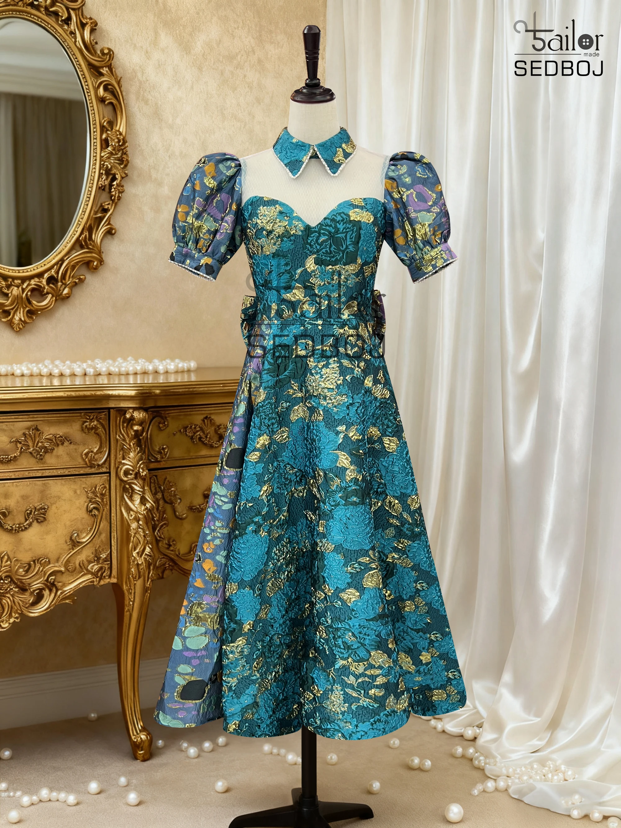 Vintage grand lapel jacquard three-dimensional bow dress women's new short sleeved waistband A-line nail bead evening dress