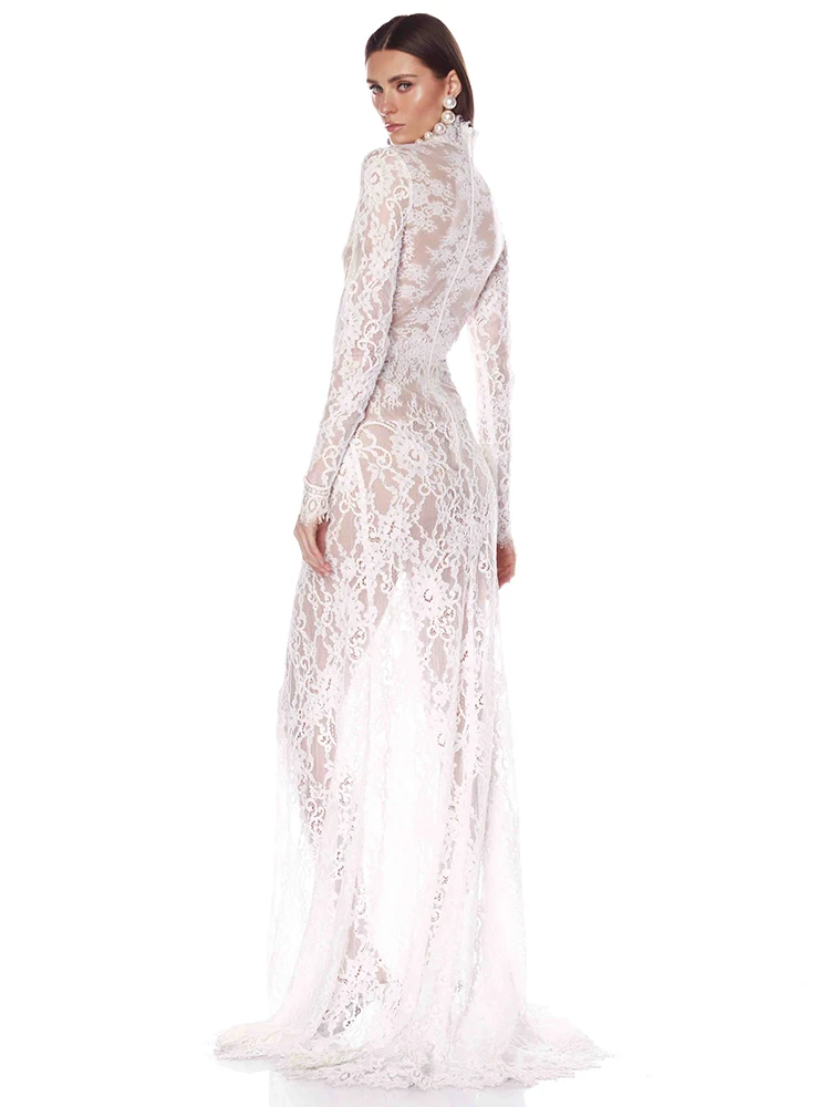 VC Sultry Sexy White Lace Long Sleeves with Cutout & Slit Sheer for Parties Wedding Gown