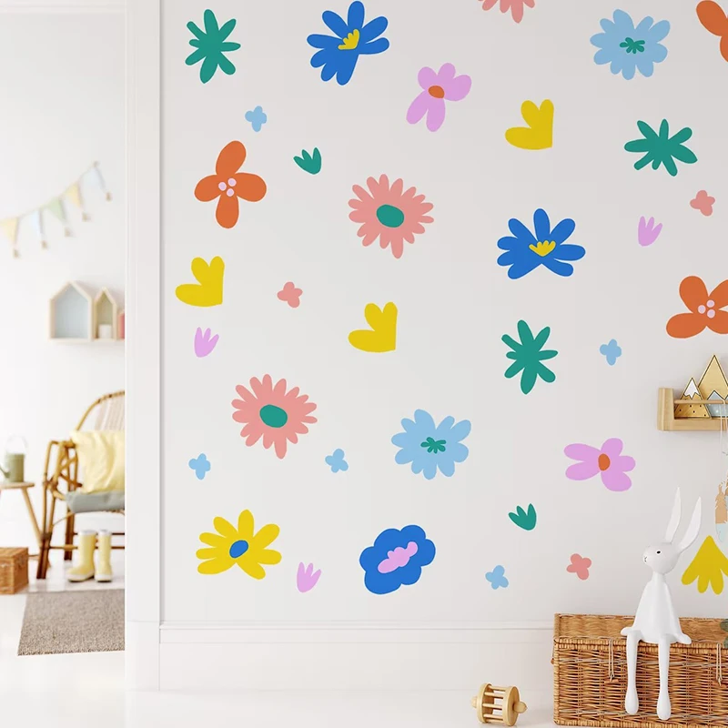 Cartoon Colored Flowers Wall Stickers for Kids Room Nursery Wallpapers Children Bedroom Nordic Style Wall Art Home Decoration