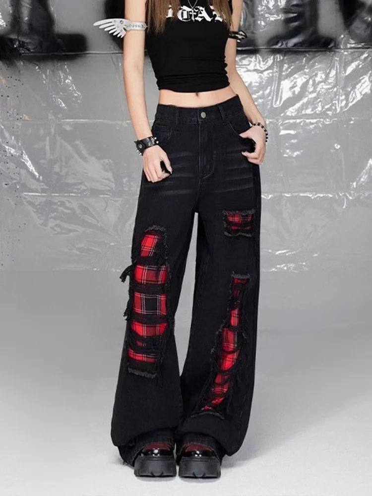 

Women's Black Gothic Cargo Baggy Jeans Y2K Ripped Grid Japanese Harajuku High Street High Waist Wide Leg Retro Jeans Clothing