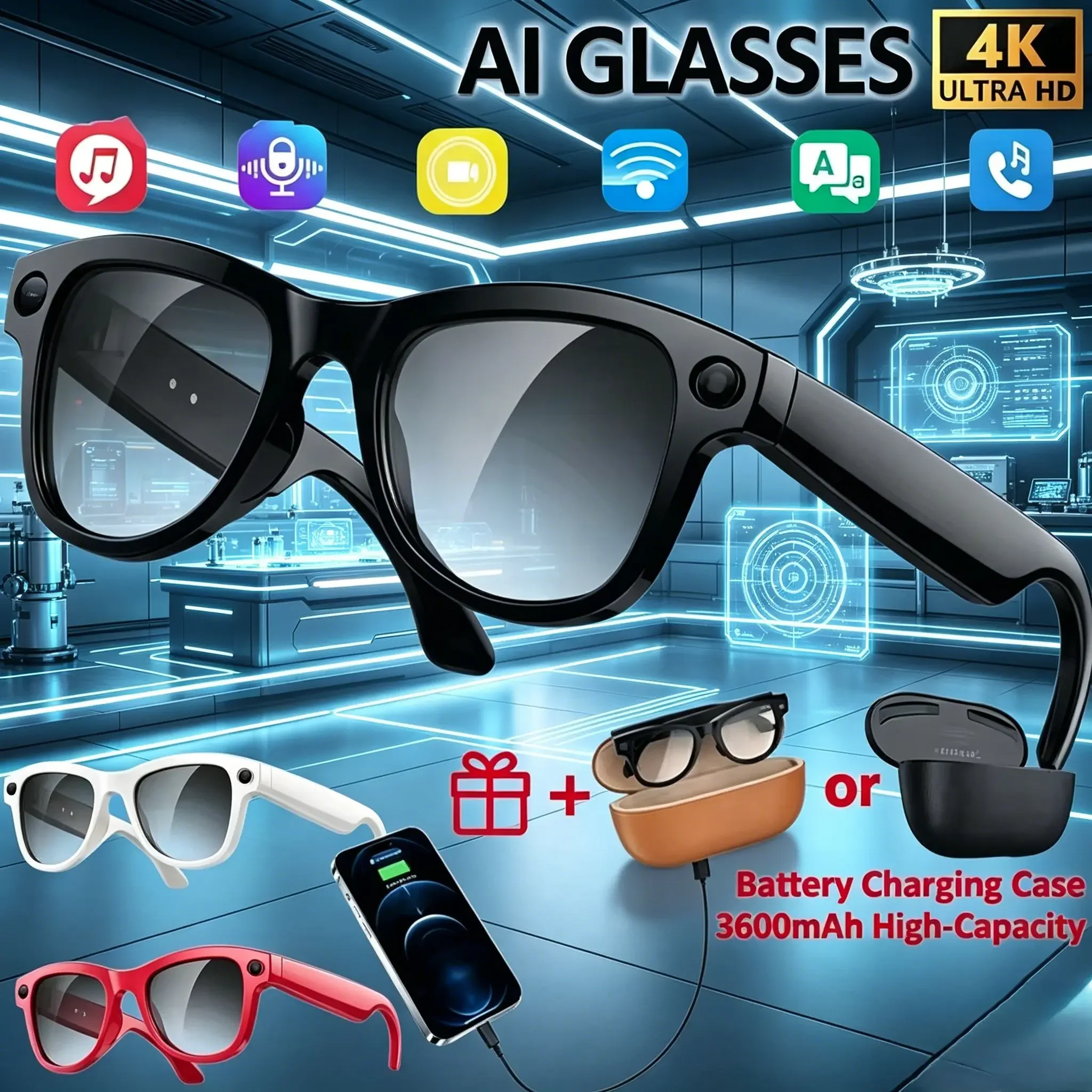 

2026 New 4K HD AI Smart Glasses, Built-in Camera, Bluetooth Hands-Free Call, Voice Assistant Control