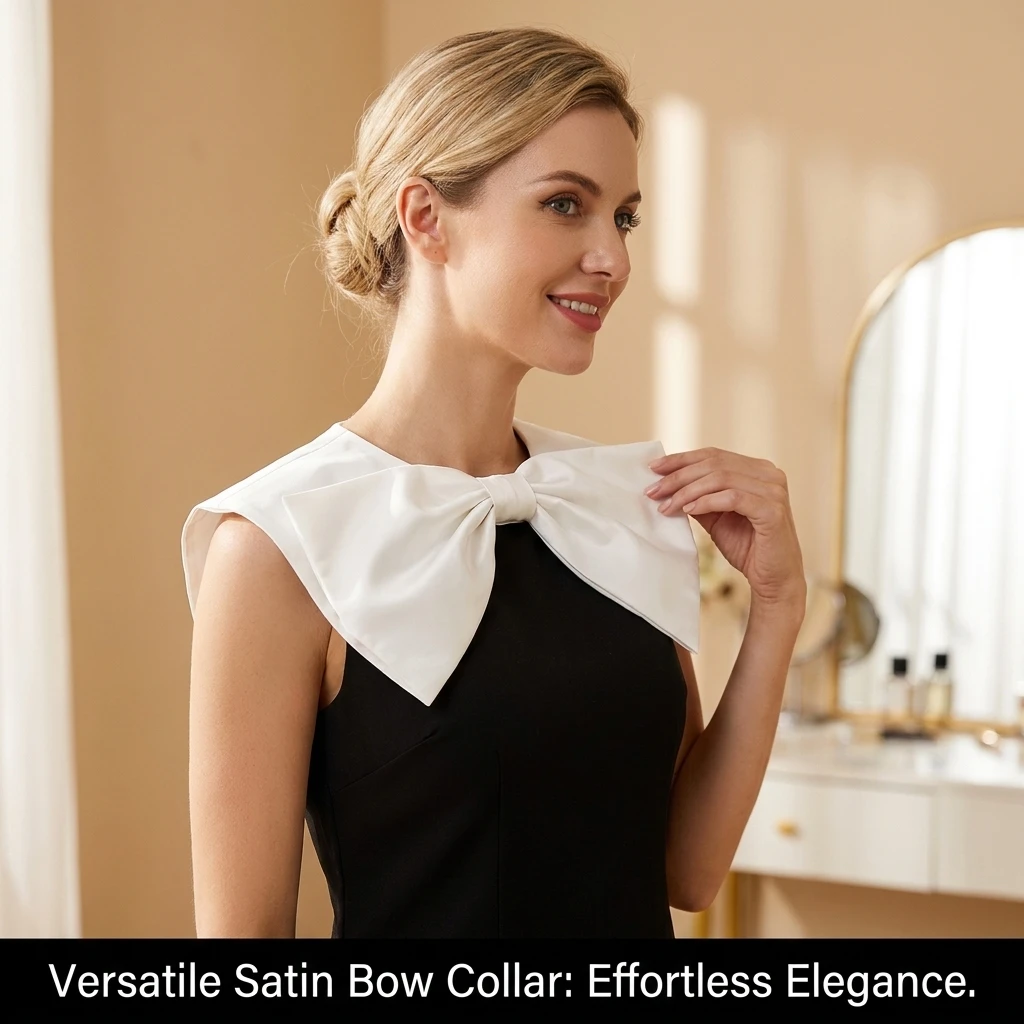 Satin Bow Fake Collar Pearl Button Detachable Decorative Collar Fashion Accessory Elegant False Collar for Women Outfit