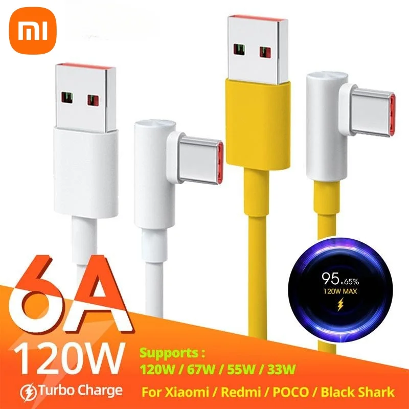 Original Xiaomi 120W 6A USB Super Fast Charger For Mi 12 11 POCO X5 X4 Pro Redmi Note 8 9 10 11 90 Degree Type C Charging Cable