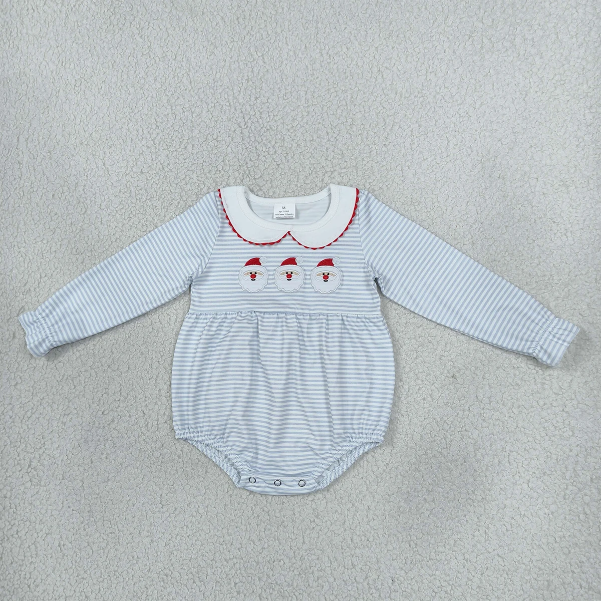 Newborn Bodysuit Romper Cute Baby Girl Embroidery Santa Blue Stripe Christmas Ruffle Rompers Clothes Children Jumpsuit Wholesale
