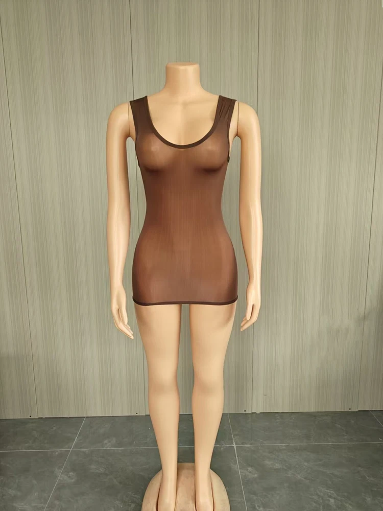 JENYAGE Sexy glänzendes, transparentes Tank-Minikleid für Damen, Stretch-Mesh, figurbetont, für Nachtclubs, ärmellos, mit Rundhalsausschnitt, durchsichtiges Partykleid – Detail 6