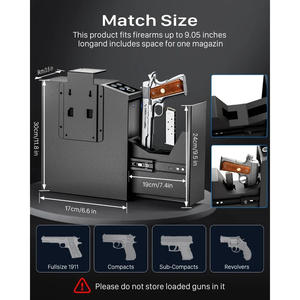 Sejf na broń, sejf na broń krótkostrzałową z biometrycznym zamkiem, pełnowymiarowy, do szafki nocnej, biurka, przy łóżku, do samochodu - automatyczny sejf na broń z przesuwanym zamkiem na pistolet -w