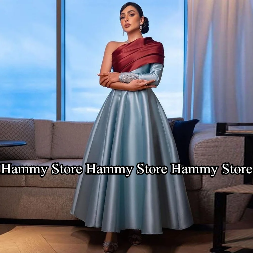 

Charming Saudi Arabic Evening Dress Satin Party Gown Contrast Color One Shoulder Beading Long Sleeve Ankle Length Prom Dresses