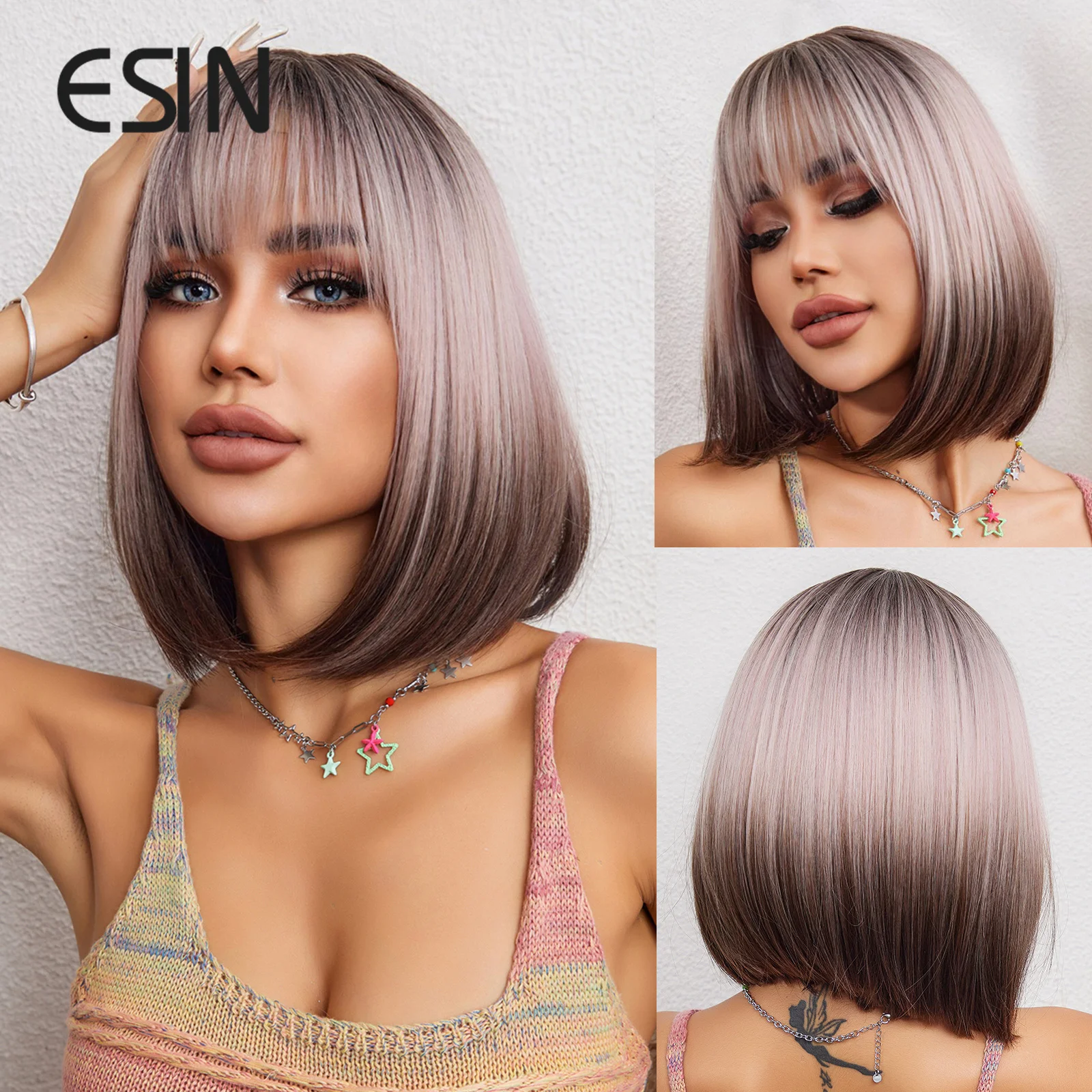 

ESIN Short Straight Bob Pink Black Hair Wigs With Bangs Synthetic Wig Heat Resistant Fiber Fluffy Hair for Women