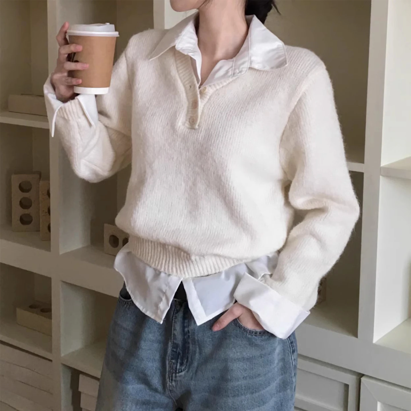 

Design Sensation Long Sve Collar Knitted Sweater Women's Fake Two-Piece Winter New Sle Soft Versatile Button-Up