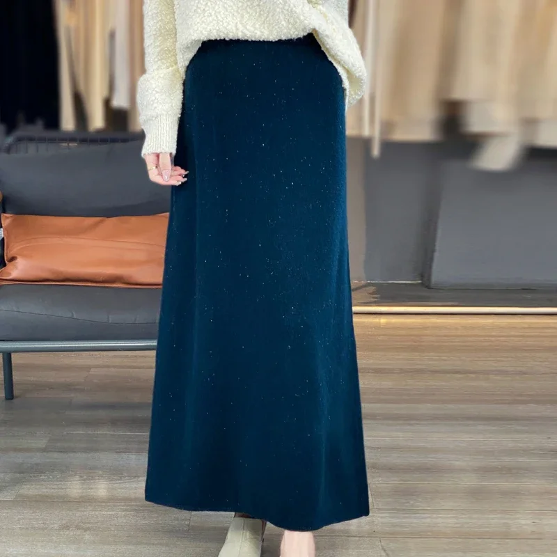 2024 outono/inverno nova casual lã pura malha meia saia para mulher, cintura alta, cor ponto solto médio a longo saia linha a