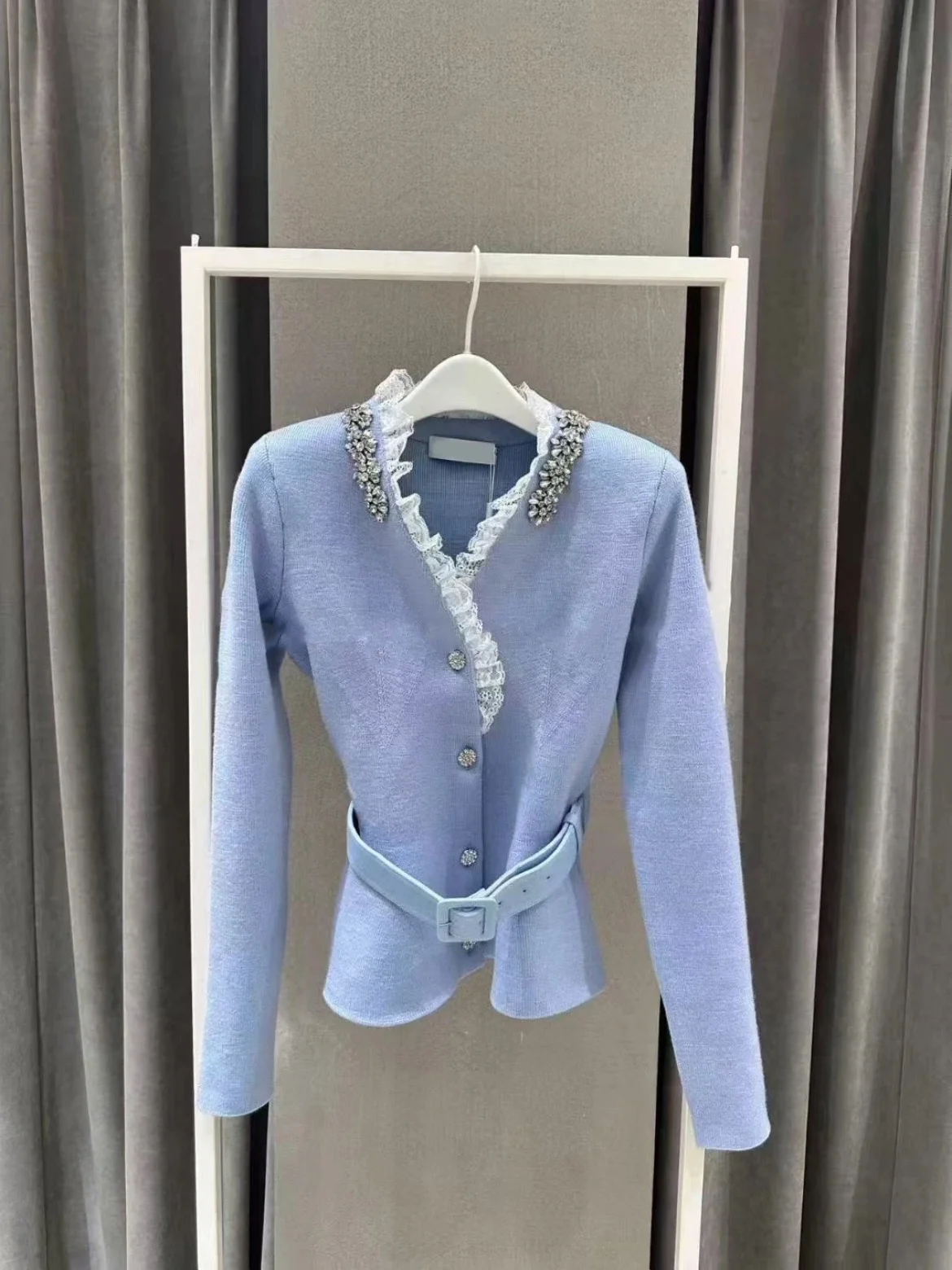 

Blue Lace Trim Heavy Work Rhinestone Slim Fit Knitted Sweater V Ne Cardigan Soft Polyester Fiber Ladies Faion Autumn Winter