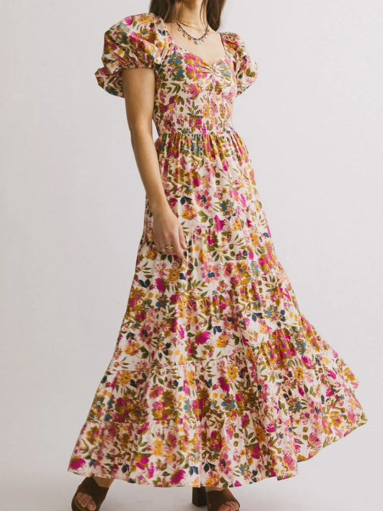 Mulher floral puff manga maxi vestido quadrado pescoço plissado vestidos longos fluidos boho em camadas uma linha vestido de verão