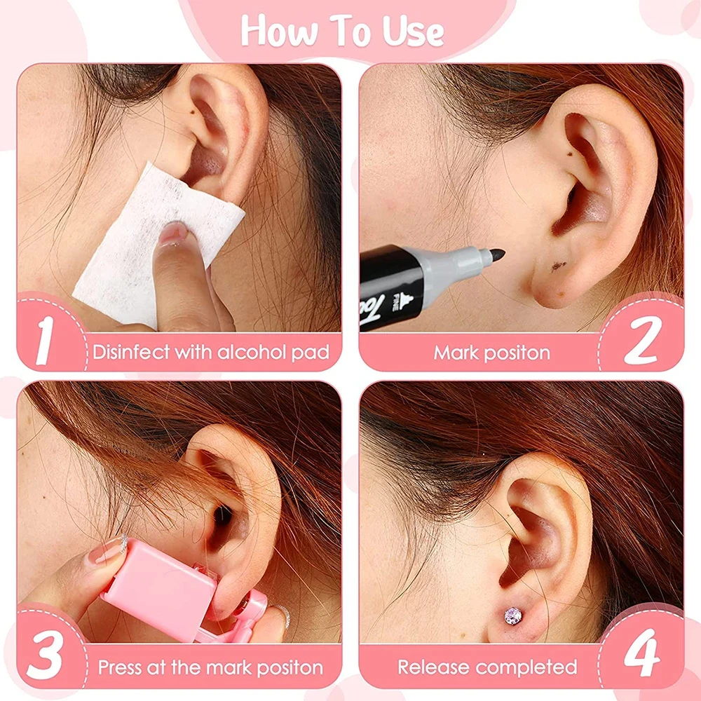 6Pcs/Box Pink Disposable No Pain Ear Piercing Cartilage Tragus Helix Gun Unit 316L Steel Ear Stud Piercing Tool Kit Ear Piercer