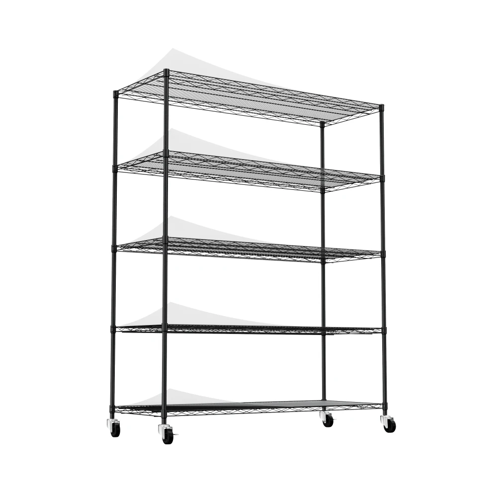 5-Tier Heavy-Duty Adjustable Shelving, 300 lbs/Shelf, with Wheels & Liners, for Warehouses, Supermarkets, Kitchens, Black.