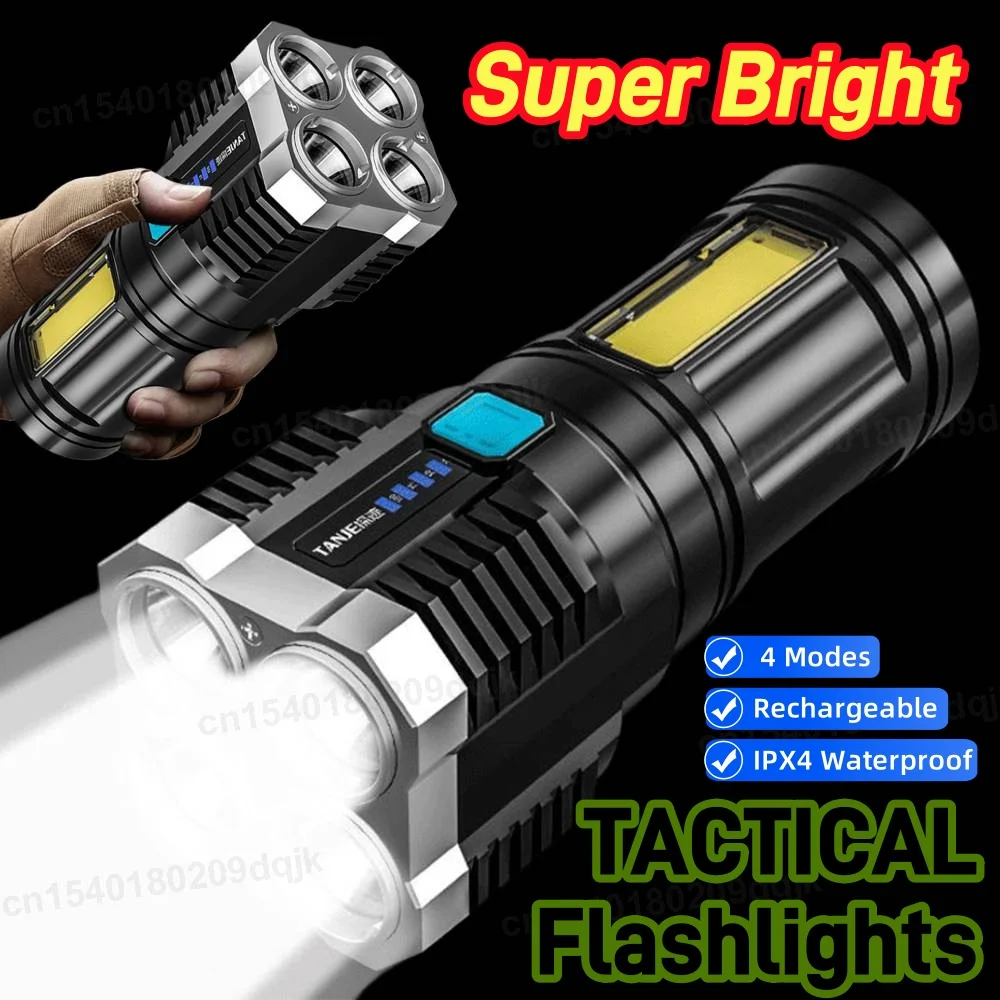 1-5X عالية الطاقة مصابيح كاشفة بلمبات LED التخييم الشعلة مع 4 حبات مصباح مستديرة متفاوتة الأحجام COB الجانب ضوء قابلة للشحن المحمولة فانوس اليد 4 وضع الإضاءة