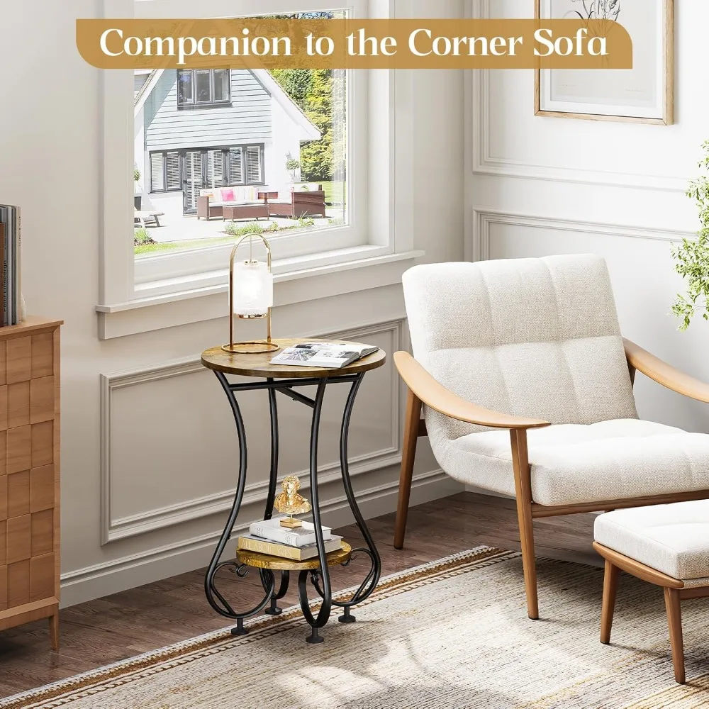 コンパクトな丸型サイドテーブル、下部棚付き、リビングルーム、ベッドルーム、バルコニー用の金属フレーム