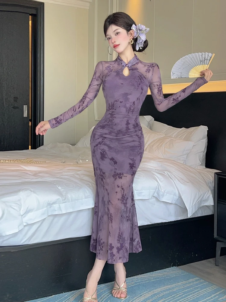 Retro Chinese Style Floral Print Fish Tail Dress Sexy Atmosphere Gradient Color Block Long Sleeve Wrap around Waist Design