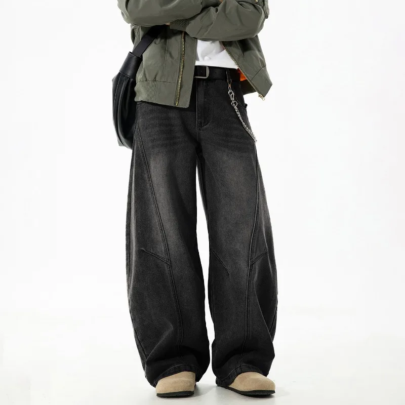 

Постиранные и потертые изогнутые джинсы для мужчин осенью с свободным силуэтом и прямыми брюками High Street Fashion Brand Retro