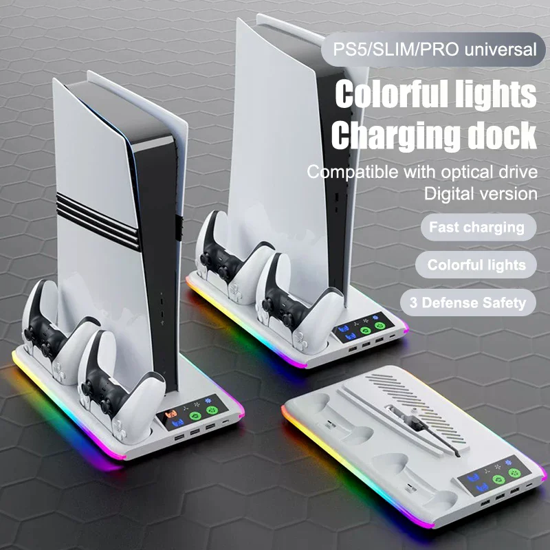 For PS5 Slim/PS5 Stand Cooling Holder & Controller Charging Station With Headphone Hook RGB Light 3 Levels Cooling Fan For PS5