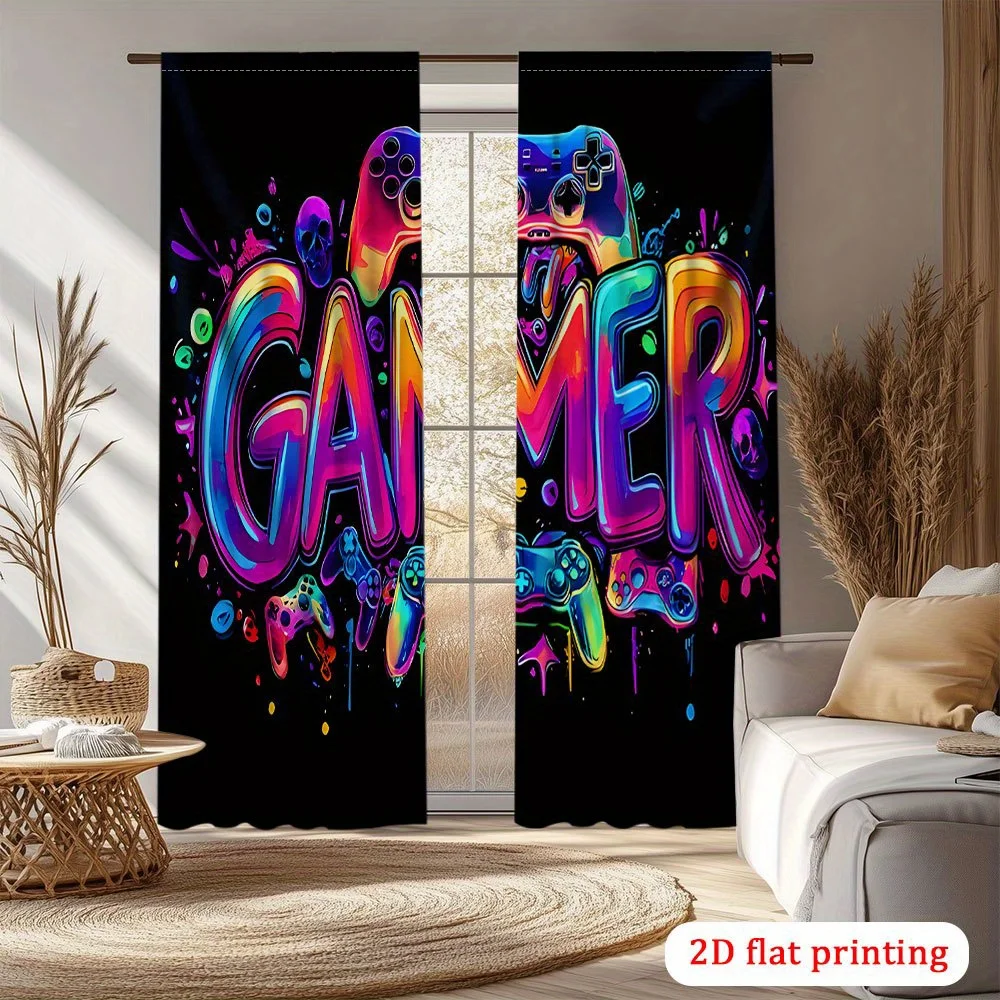 2PC 2D Neon Gaming Semi-Transparent Curtains with Rod Pocket Machine Washable Polyester for Living Room Bedroom Gamer Decor