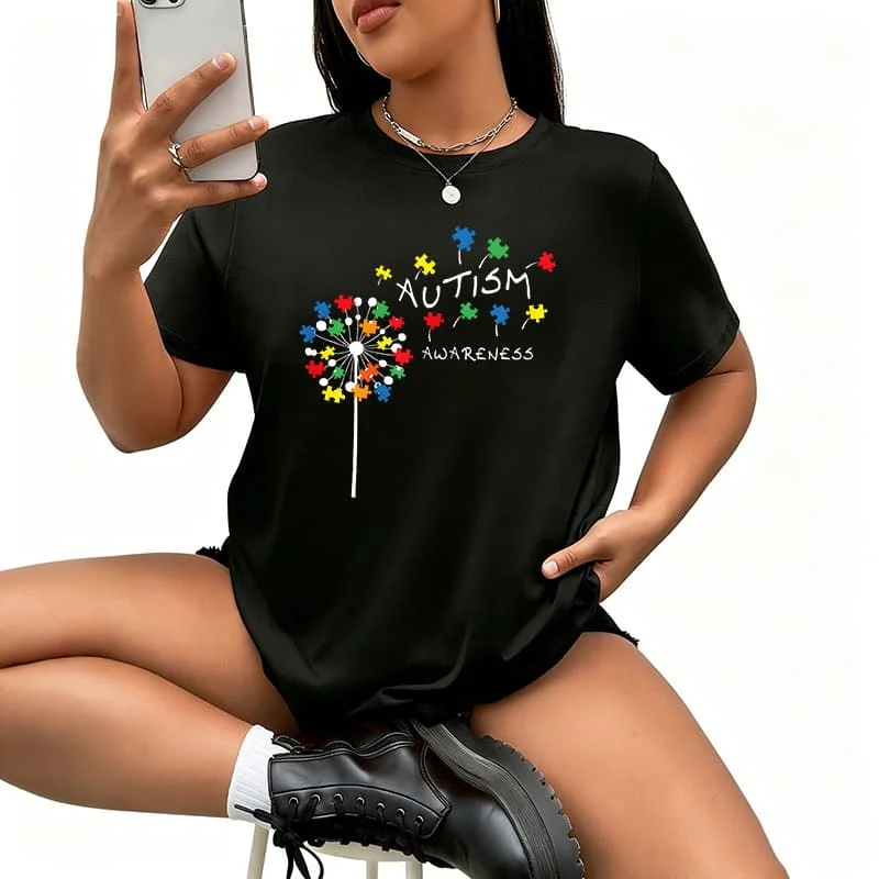 Puzzle Piece Cool Autism Awareness Gift.jpg Women's T-Shirt 100% Cotton Funny Graphic Short Sleeve Tee Novelty Shirt Casual Crew Neck Top S-28XL