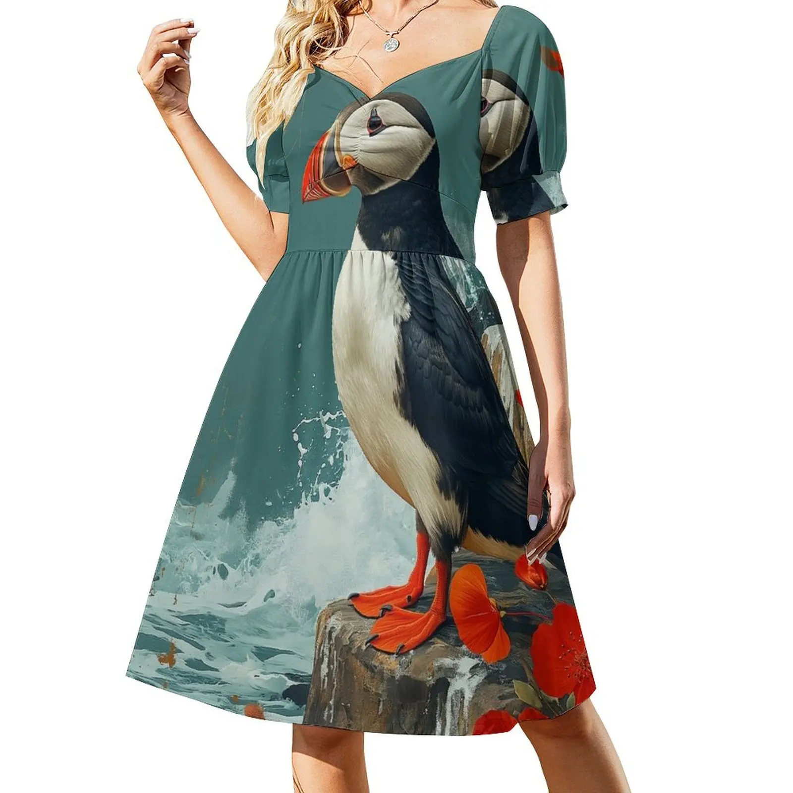 Puffin painting Standing in turquoise water with a red sun a Short Sleeved Dress elegant party dress for women 2025 Dress