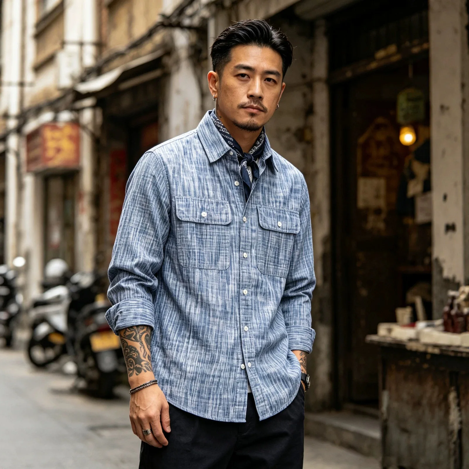 Japanese Vintage Kasuri Weave Work Shirt for Men 2026 Autumn Retro Amekaji Rain Pattern Long Sleeve Shirt OKONKWO