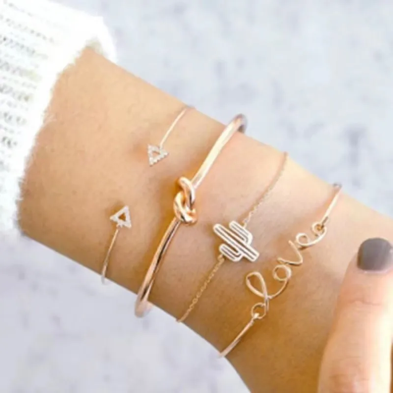 Punk Charm Bracelet Bracelet Fashion New Temperament Pop Cactus Triangle Opening Love Crystal Women's Bracelet Wholesale