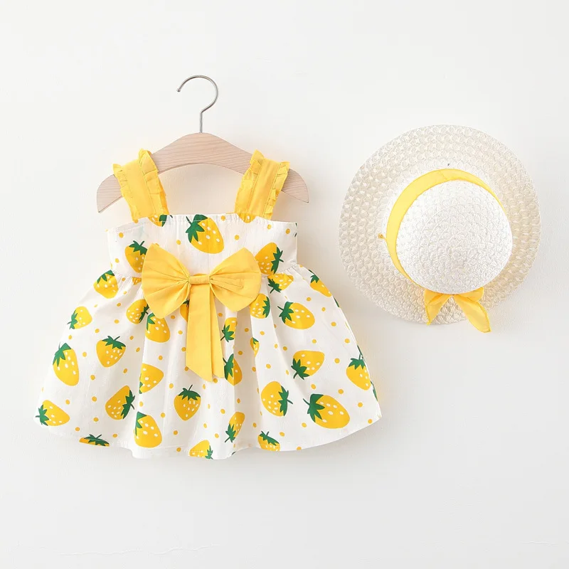 Baby Beach Dress Summer 2 Piece Set With Bow Strawberry Print Strap Girl Baby Dress And Hat Sweet Children\'S Clothing