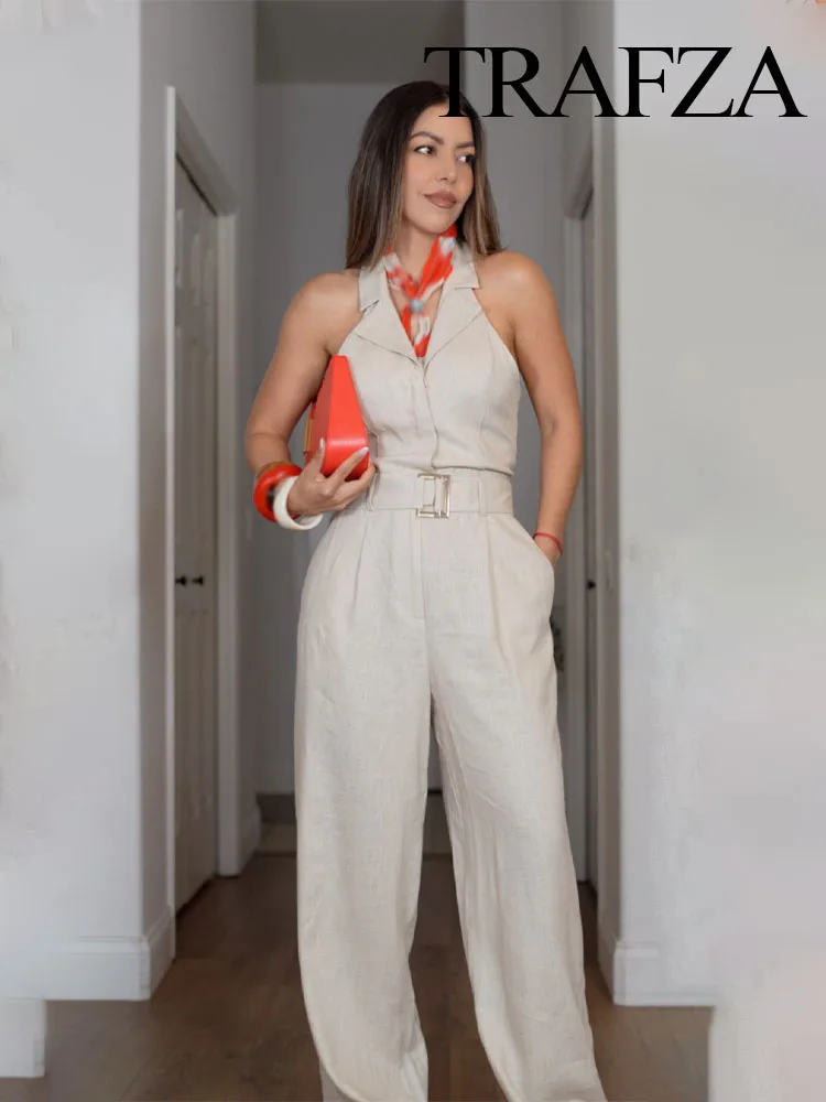 

HH Woman Fashion Sleeveless Jumpsuits Solid Turn-Down Collar Backless Belt Decoration Single-Breasted Female Summer Jumpsuit