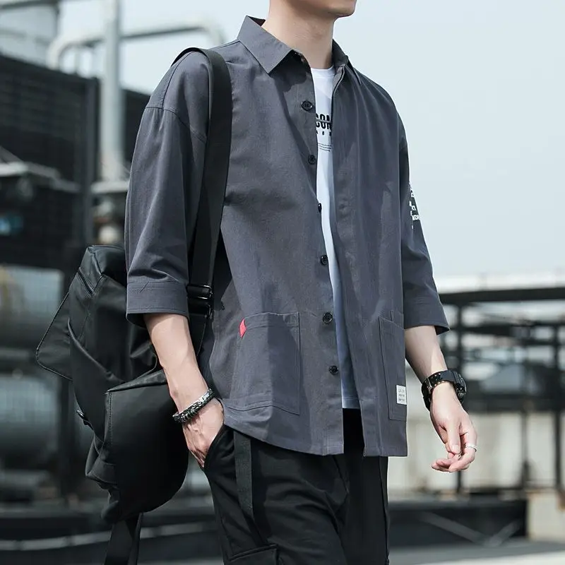 

Summer Solid Color Turn-down Collar Pockets Single Breasted Shirt Man Korean Style Printing Casual Loose Three Quarter Cardigan