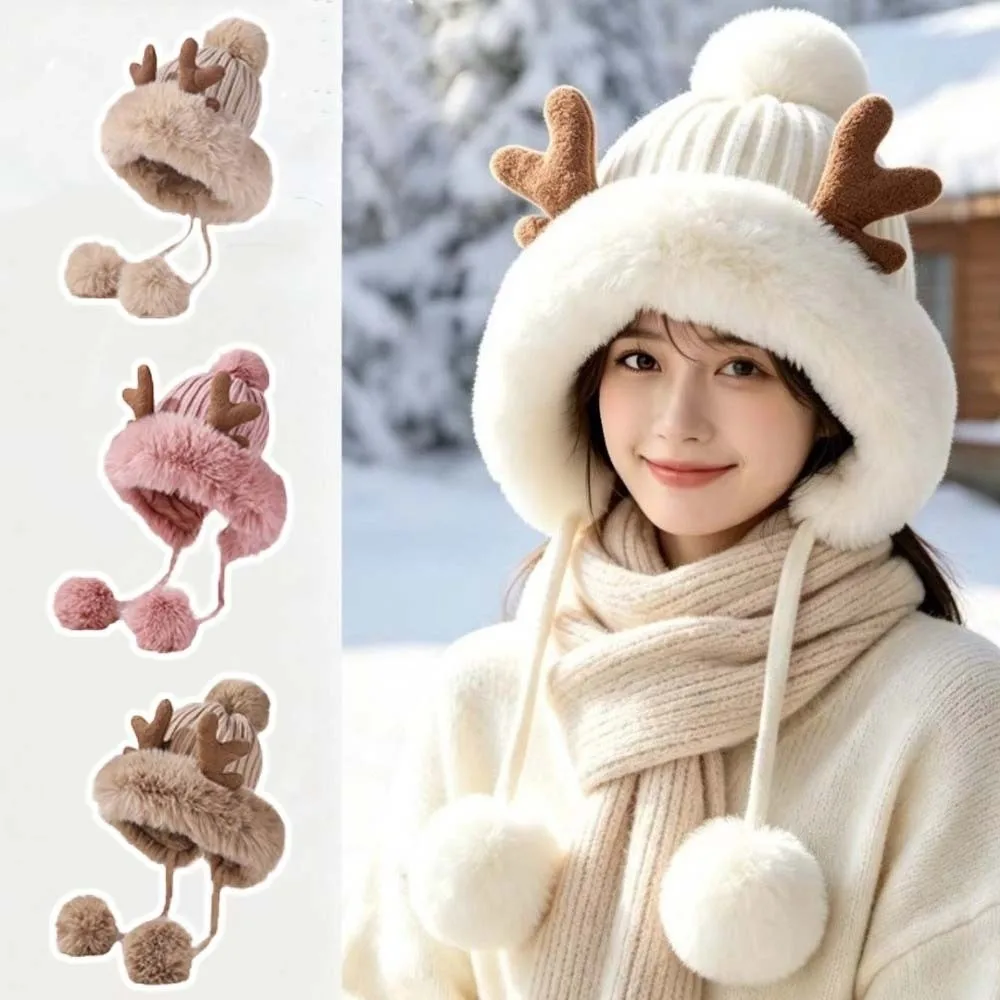 Winter Knit Bonnet Thickened Deer Antler Beanie Thermal Windproof Ear Protection Cap Soft Ribbed Fleece Lined Hat Commuting