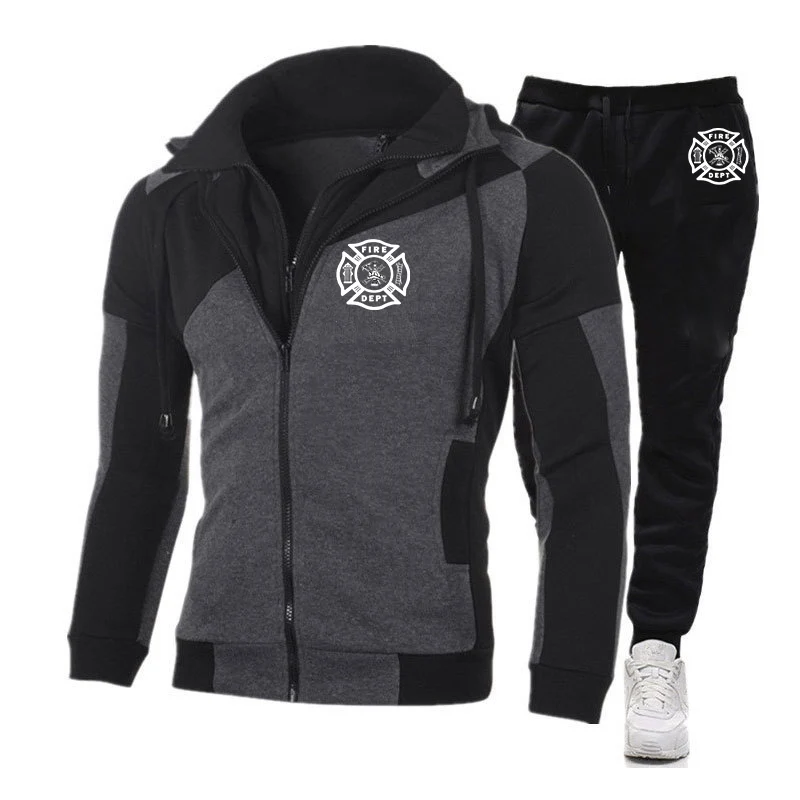 

2025 Spring Autumn Fire Rescue Firefighter Logo Print High Quality Sports Sets Men Splicing Hoodies+Solid Color Sweatpants Suits