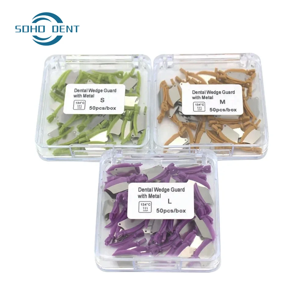 50Pcs/Box S/M/L Dental Wedge Prime Teeth Interproximal Wedge Guard with Metal Plastic Wedge Knife with Dental Steel Matrix