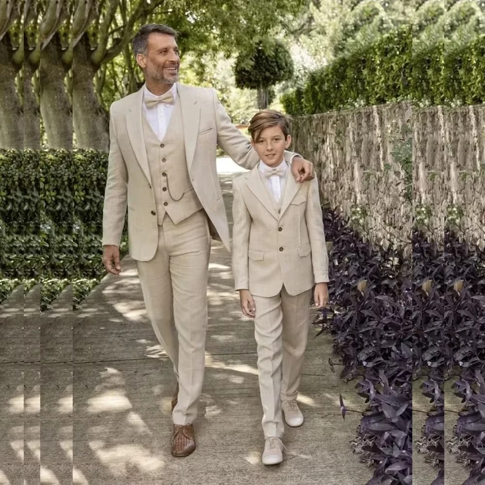 

Мужской льняной костюм высокого качества, бежевый, 3 предмета: пиджак, жилет, брюки. Однобортный, однотонный, в повседневном французском уличном стиле.