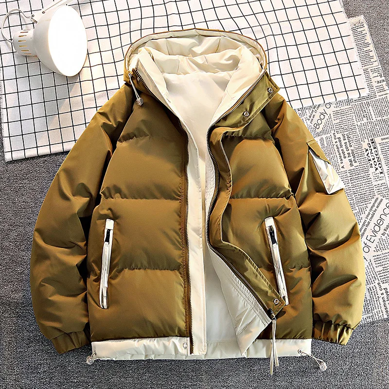 Winter Padded Jackets Men Outdoor Windproof Thicken Hooded Jackets Fashion Streetwear Hooded Parkas Warm Color-block Coats Teens