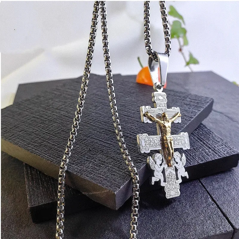 Christian Jesus Cross Stainless Steel Pendant Little Angel Prayer Necklace for Men Women Vintage Religious Amulet Jewelry