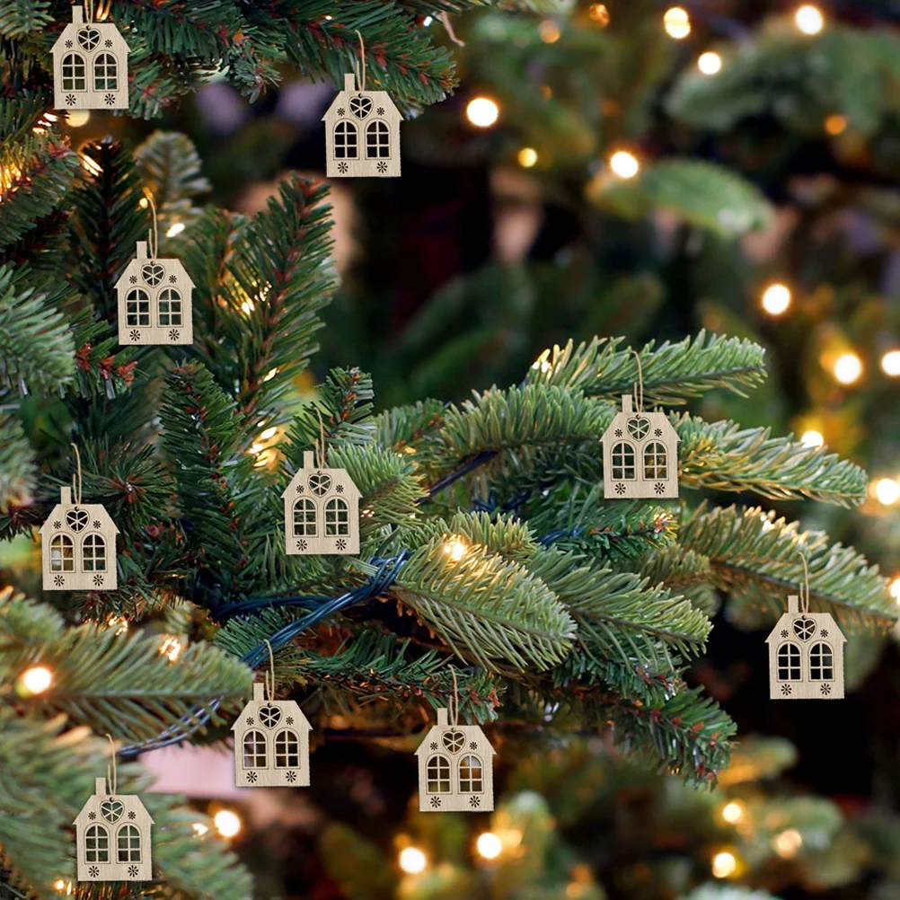

20Pcs Christmas Tree Hanging Decor Wooden Hollow House Pendant Ornament for Home Festival DIY Craft Decoration Supplies