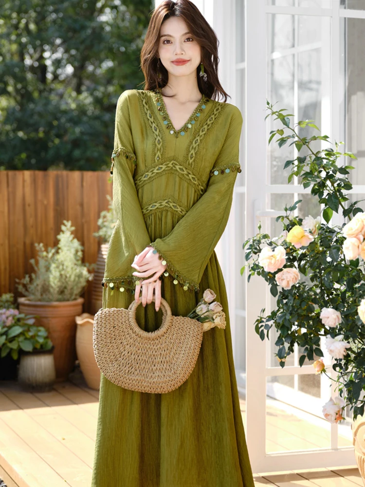 Automne hiver vert à manches longues Chic diamants col en v robe Maxi femmes élégant décontracté robe de vacances 2025 coréen luxe robe de bal