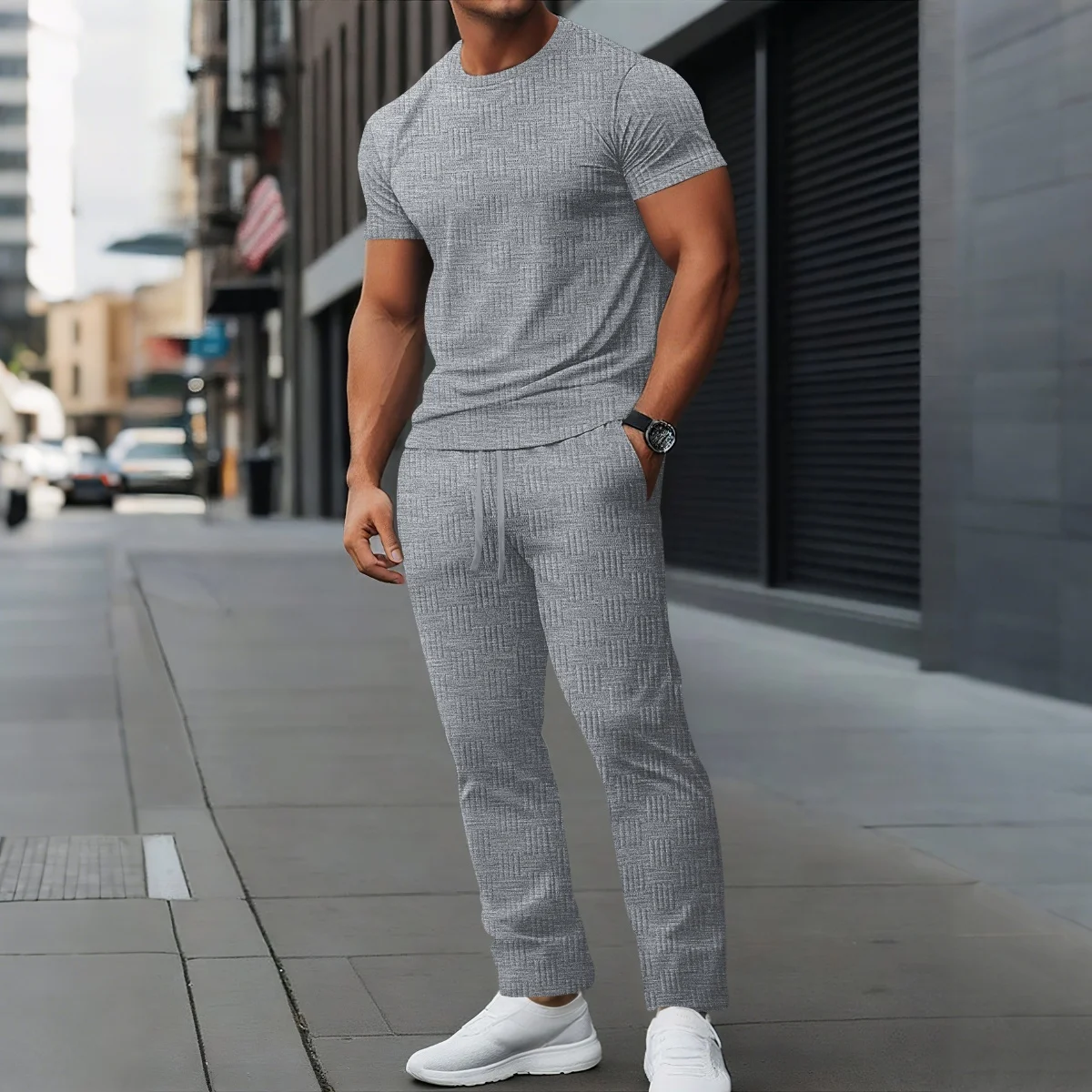 

Men's Casual Street Round-Neck T-Shirt Striped Jacquard Solid-Color Loose Long Pants Short-Sleeved Set Fashionable 2025