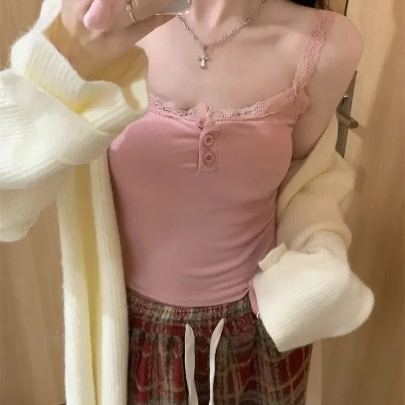 Summer Women's Lace Crop Tops Knit Tank Top Slim Camisole Sexy Pink Vest with Chest Pad Female Sleeveless Undershirt T-Shirt