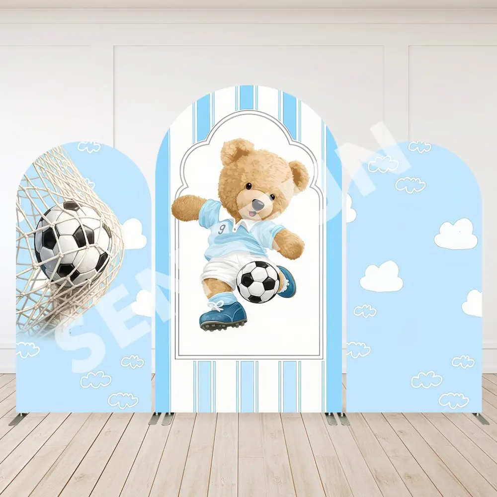 2-Sided Soccer Bear Boy Birthday Party Arch Backdrop Blue Sky Cloud Football Photo Background Sports Baby Shower Chiara Wall