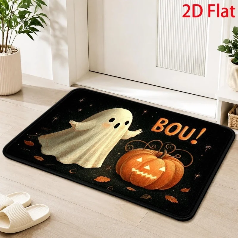 Cute Ghost Pumpkin Halloween Doormat, BOO Letter Printed Floor Mat, Spooky Autumn Indoor Front‑door Rug