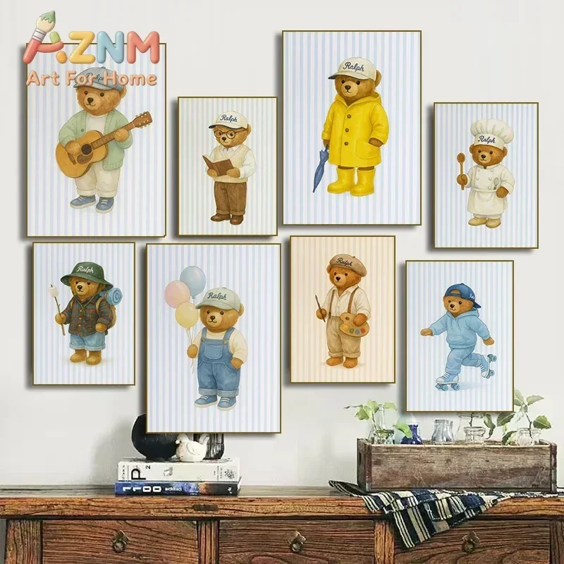 Skating Teddy Bear Playing  Guitar Reading Blue Striped Poster Canvas Painting Print Wall Art Picture for Living Room Home Decor