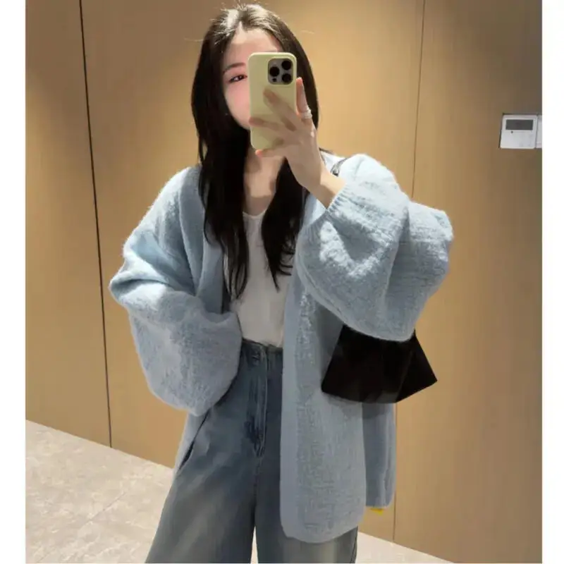 

Женский свитер, трикотаж, кардиган большого размера, весна-осень, однотонная верхняя одежда, свободный ленивый стиль, с v-образным вырезом, хлопок, мягкий, теплый, сладкий