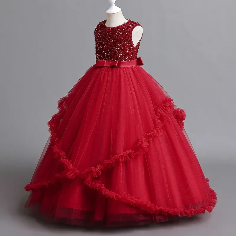 Fashion Solid Color Girls Sequin Dress Mesh Lace Sleeveless Princess Dress for Girls Summer Evening Dresses 3-12 Years