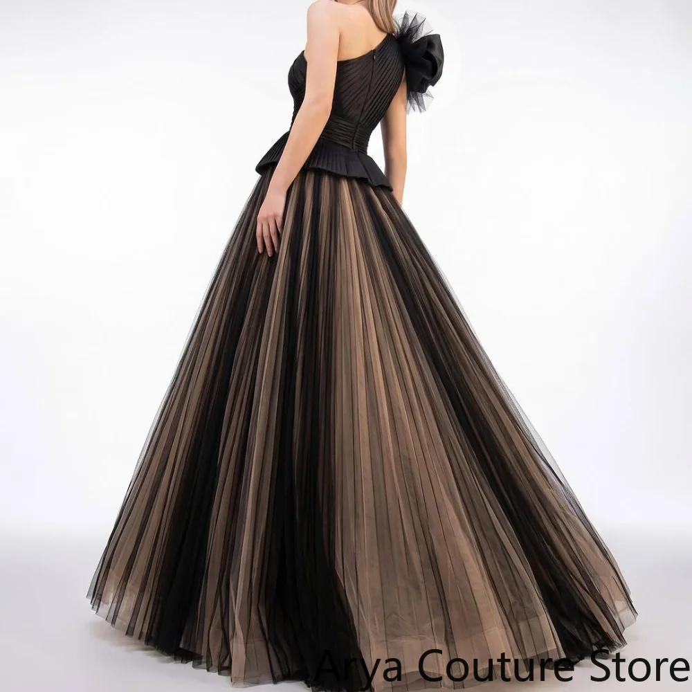 Customized Dramatic Black One‑Shoulder Neckline Statement 3D Floral Shoulder Detail Peplum Waist Black And Nude Contrast Pleated